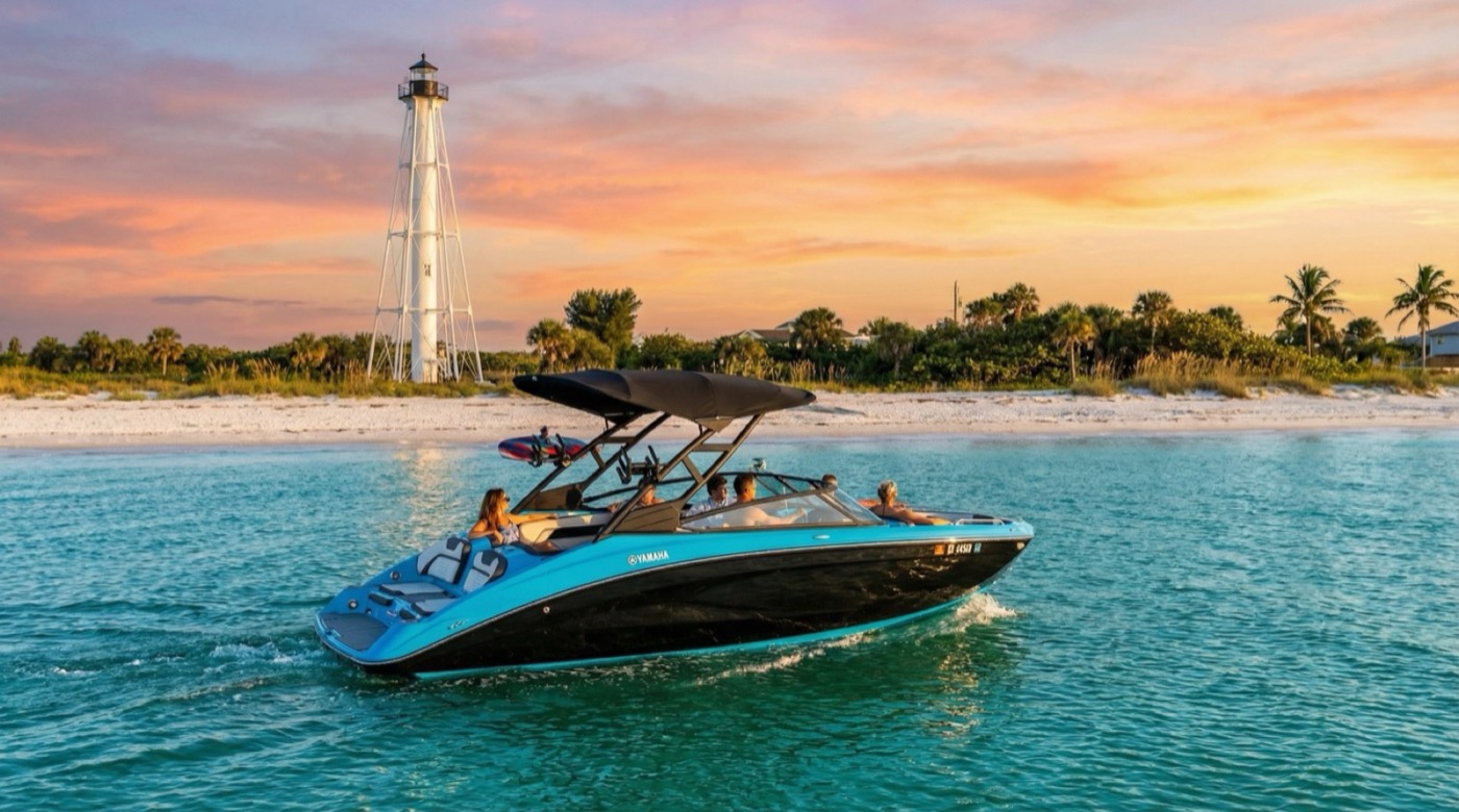 Yamaha jet boat off Boca Grande at sunset